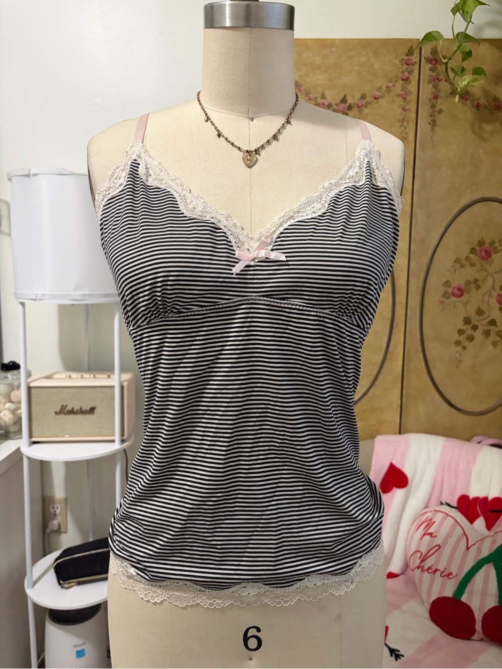 Marilyn Monroe Black and White Striped Lace Trim Cami